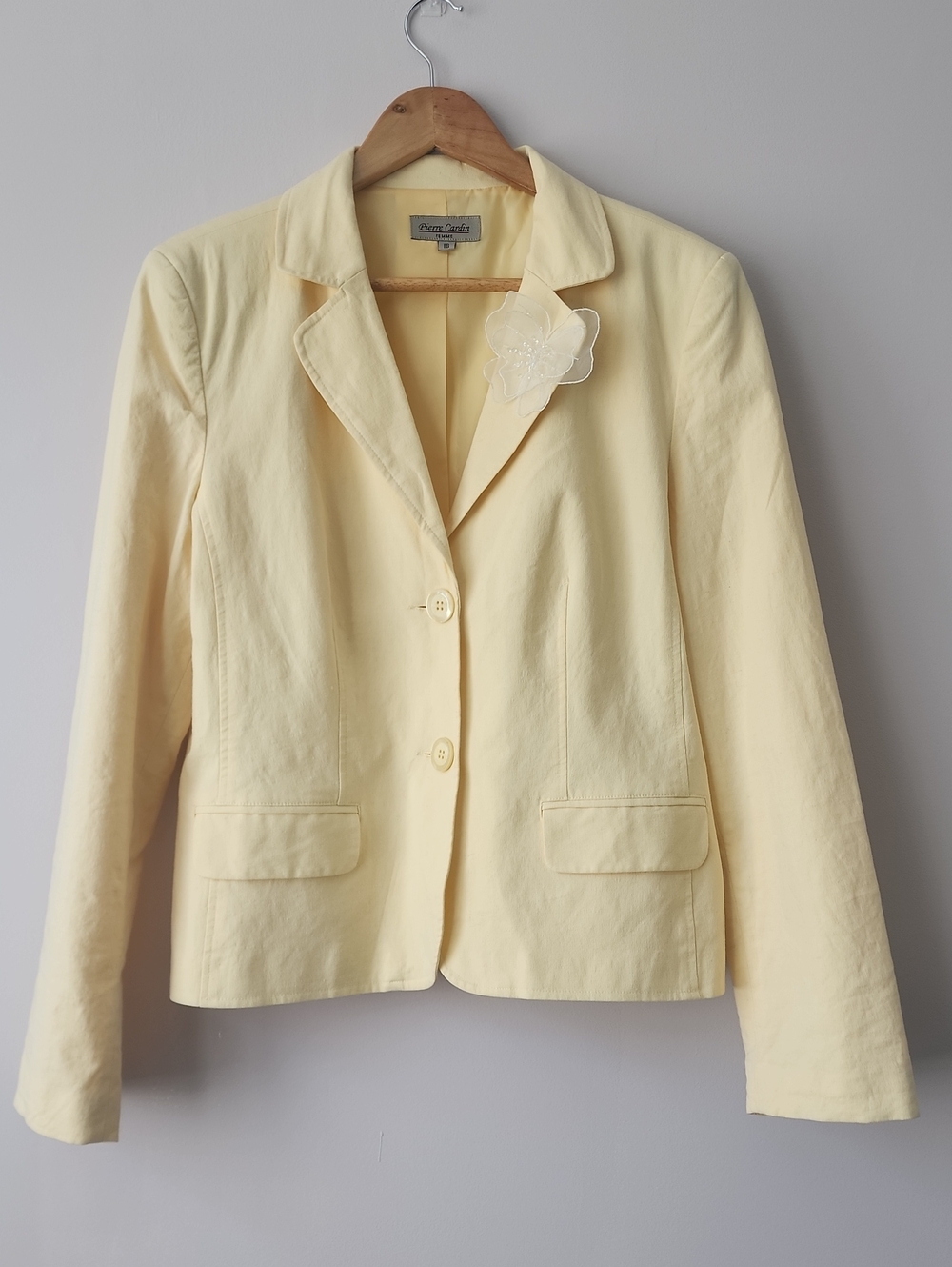 Vintage Pierre Cardin Light Yellow Tailored Blazer with Floral Pin